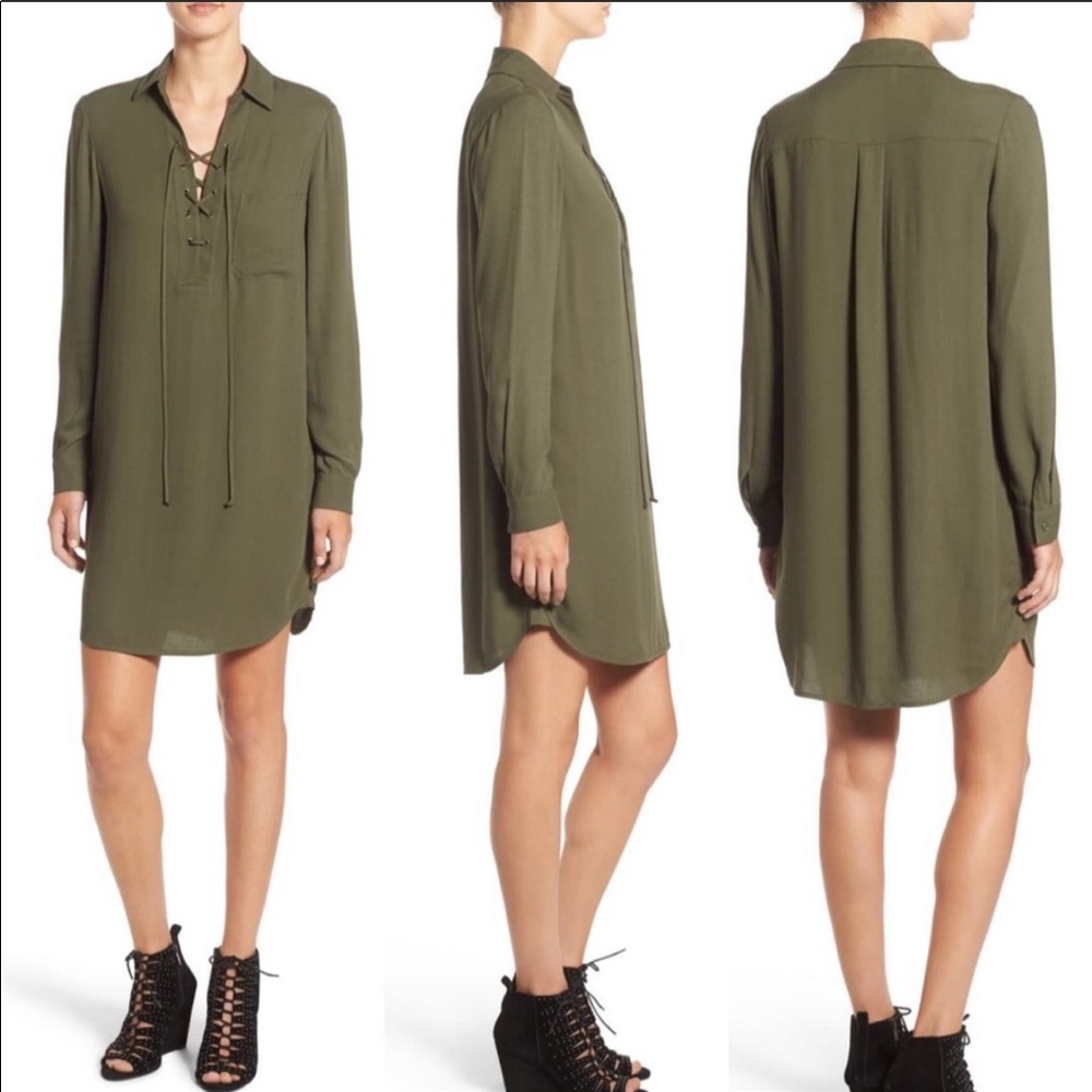 WAYF olive green long sleeve cross tie up dress